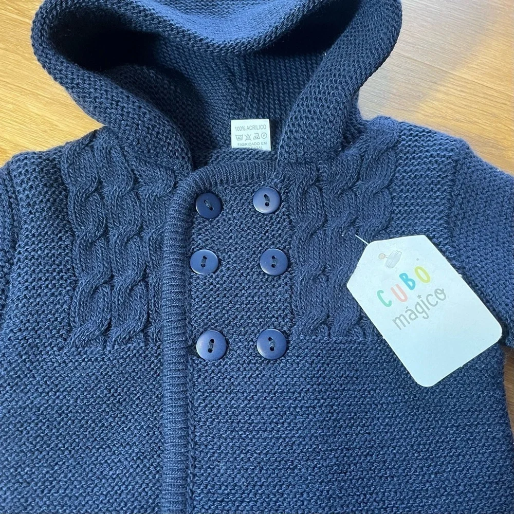 NWT Cubo Magico Baby 6M Navy Knit Hooded Cardigan Jacket Unisex